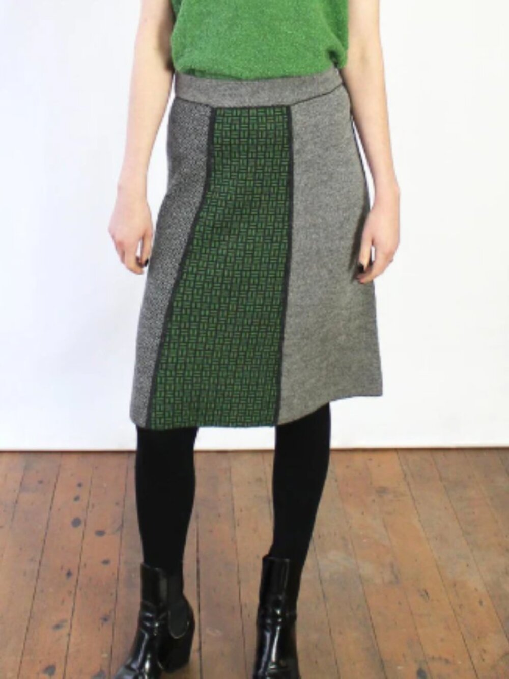 NWT Beyond Threads Pique Collage Baby Alpaca Skirt Moss Green Grey Size Medium